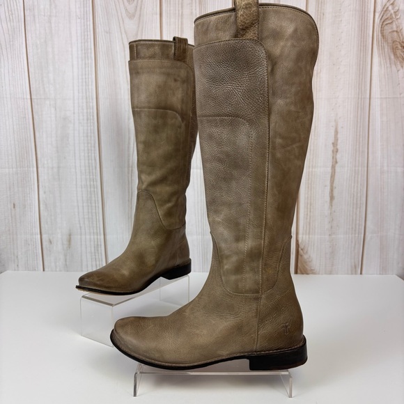 Frye Leather Boots Equestrian Low Heel Tall Riding Pull On Bike Boot Gray Sz 7.5 - Picture 1 of 16